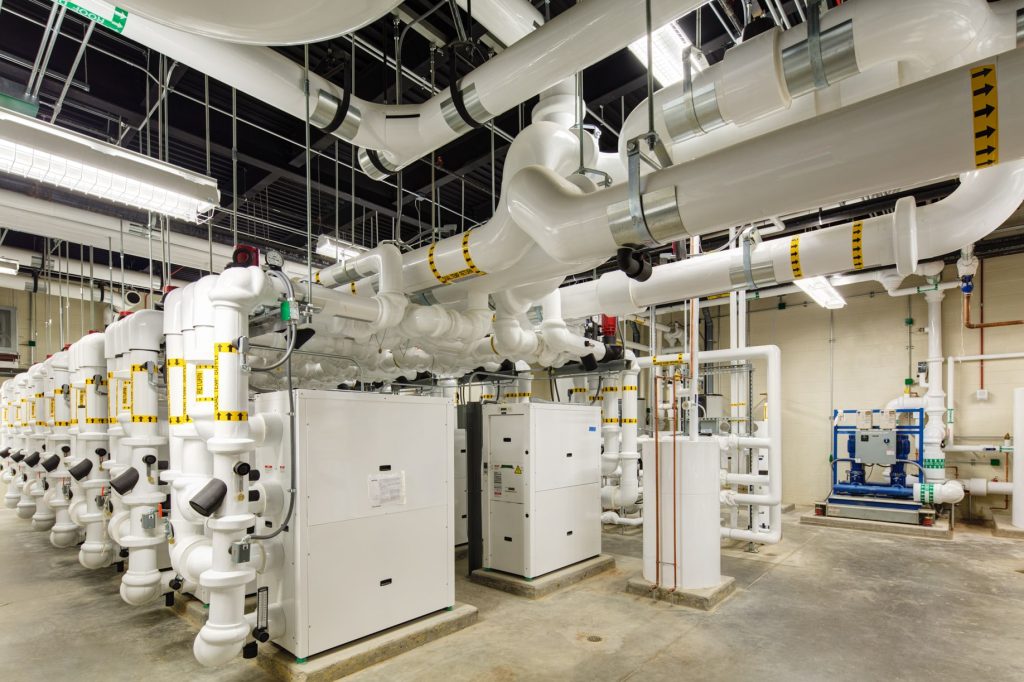 A complex boiler room serving a district high school. 