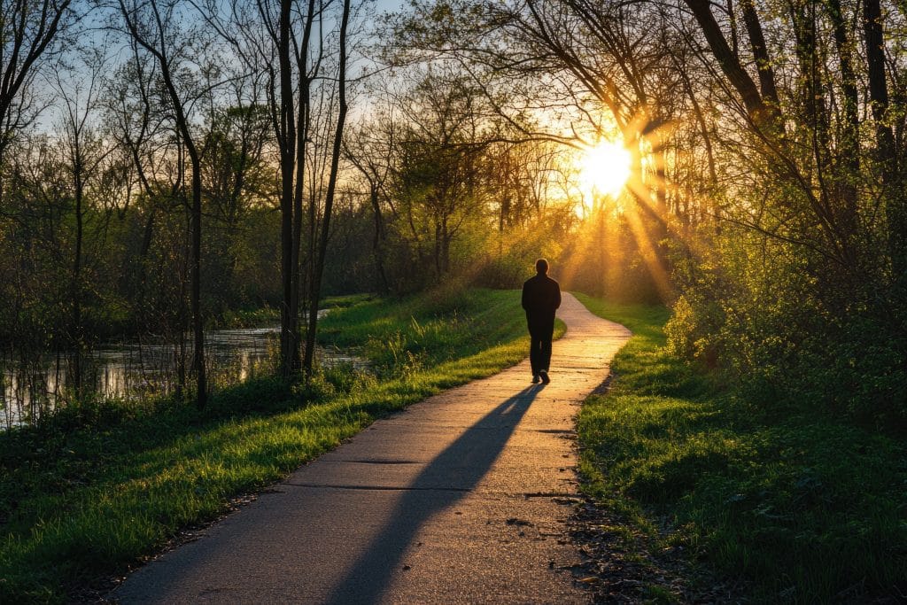 A figure strolls down a sun drenched path casting a long shadow amidst tranquil nature. to focus on wellness leadership and health.